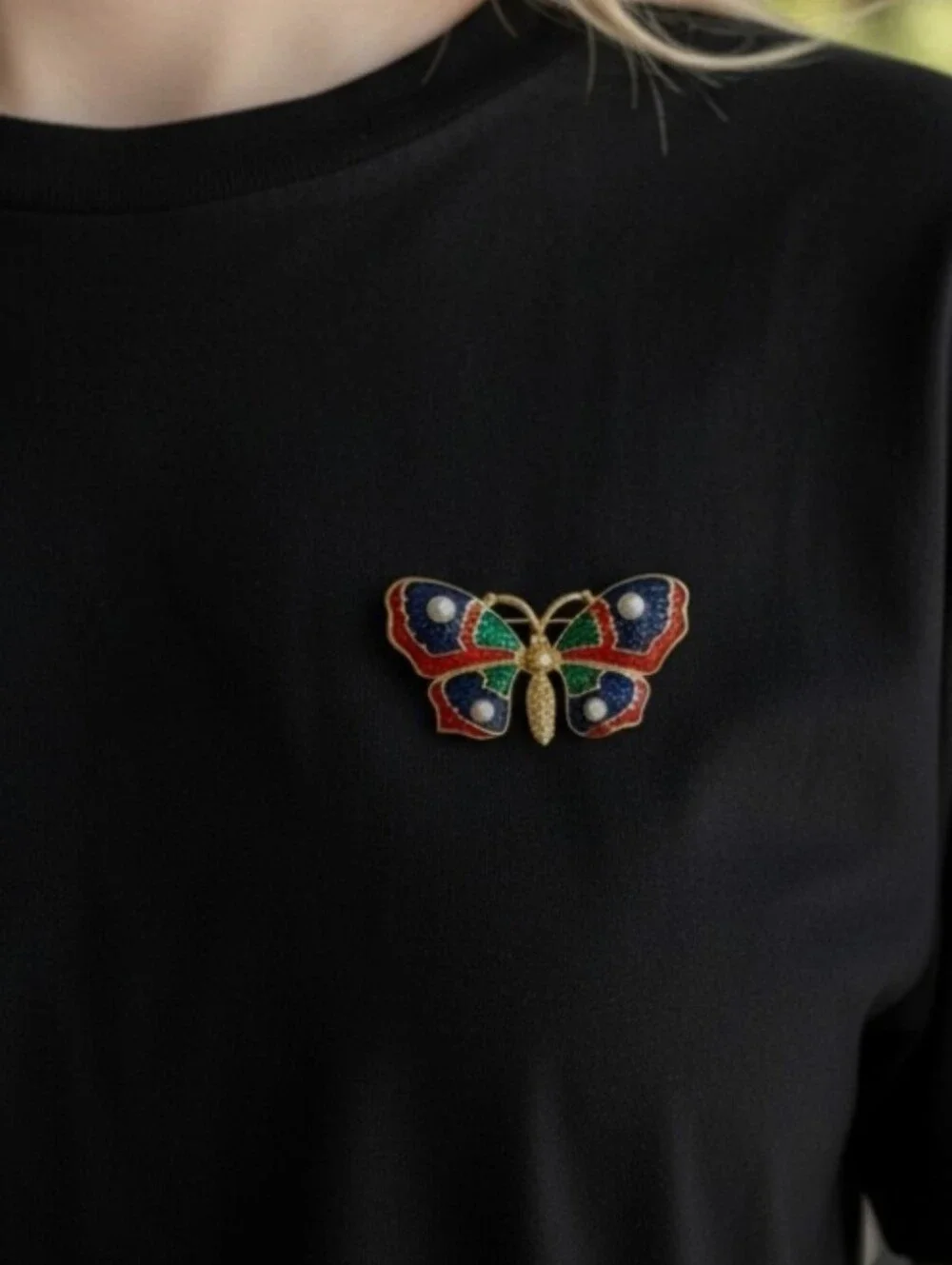 Multicolor Crystal Butterfly Brooch with Gold Accents - NEW